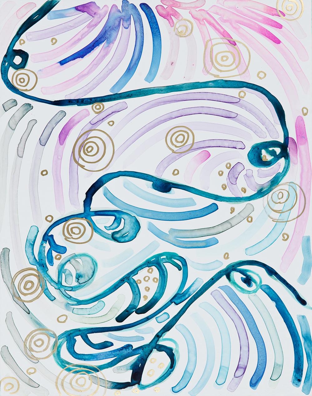 Abstract Painting Alex K. Mason "Pixie Water B" Ink Gouache Acrylic on Yupo mylar. Unframed, part of a diptych, 14"H x 11'W each.  Blues, Purple, Pink, Gray, Gold, 2013
It is the expression of making marks for canvas or paper, which reveals itself