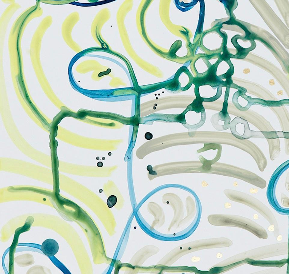   Small Abstract Painting Ink Acrylic Gouache Mylar, Green, Blue, Yellow, Khaki  1