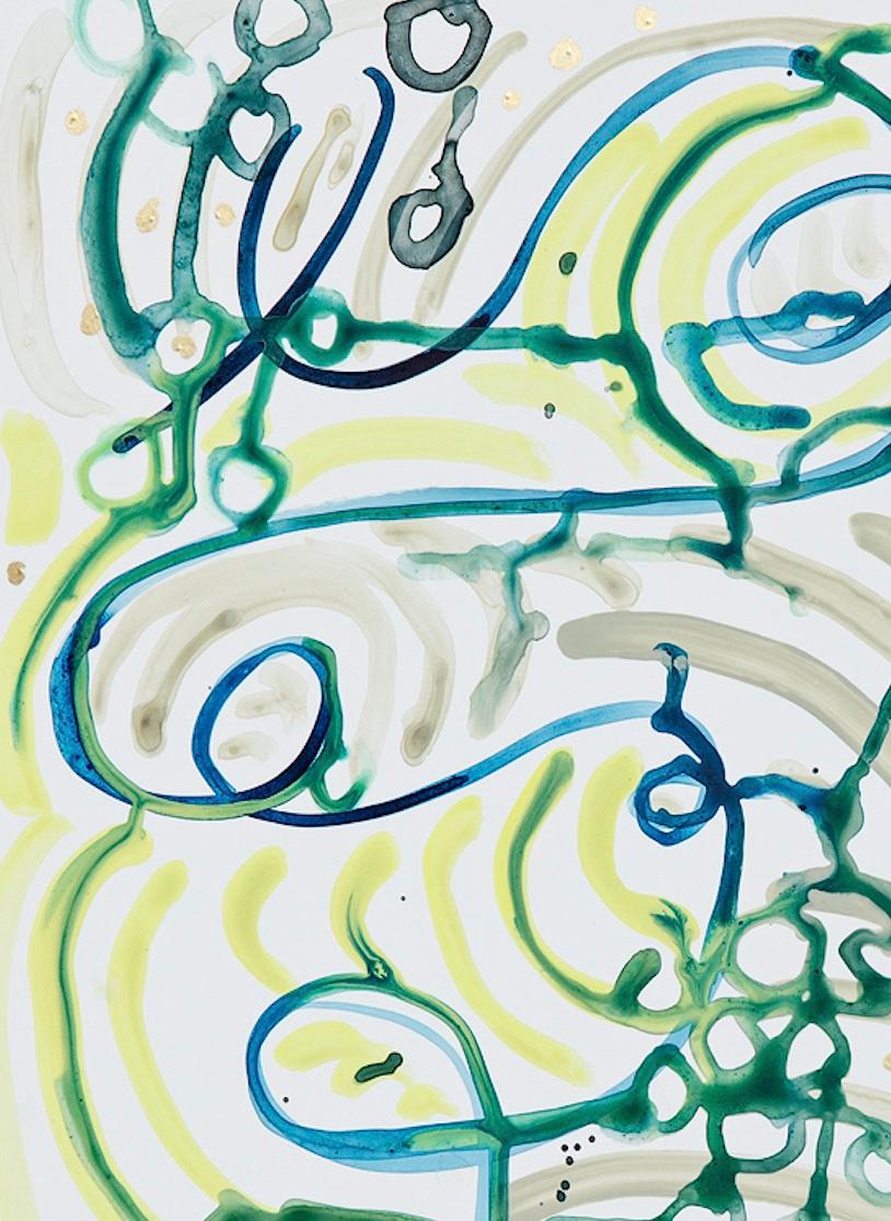   Small Abstract Painting Ink Acrylic Gouache Mylar, Green, Blue, Yellow, Khaki  2