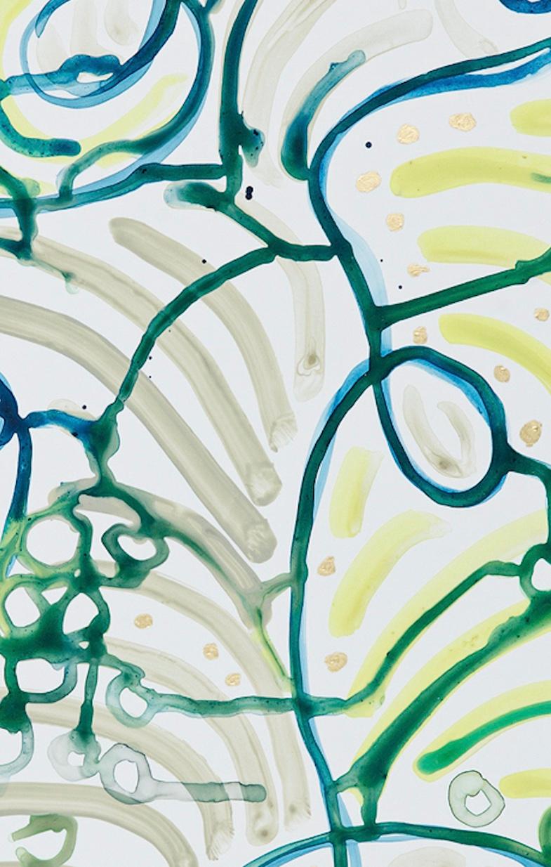   Small Abstract Painting Ink Acrylic Gouache Mylar, Green, Blue, Yellow, Khaki  3