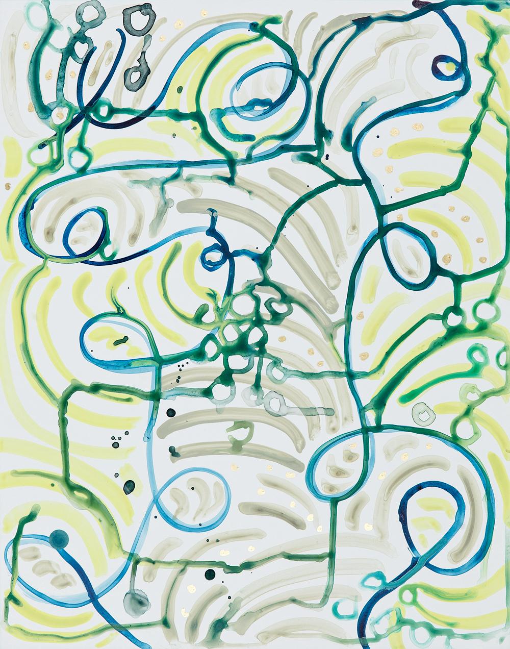   Small Abstract Painting Ink Acrylic Gouache Mylar, Green, Blue, Yellow, Khaki 