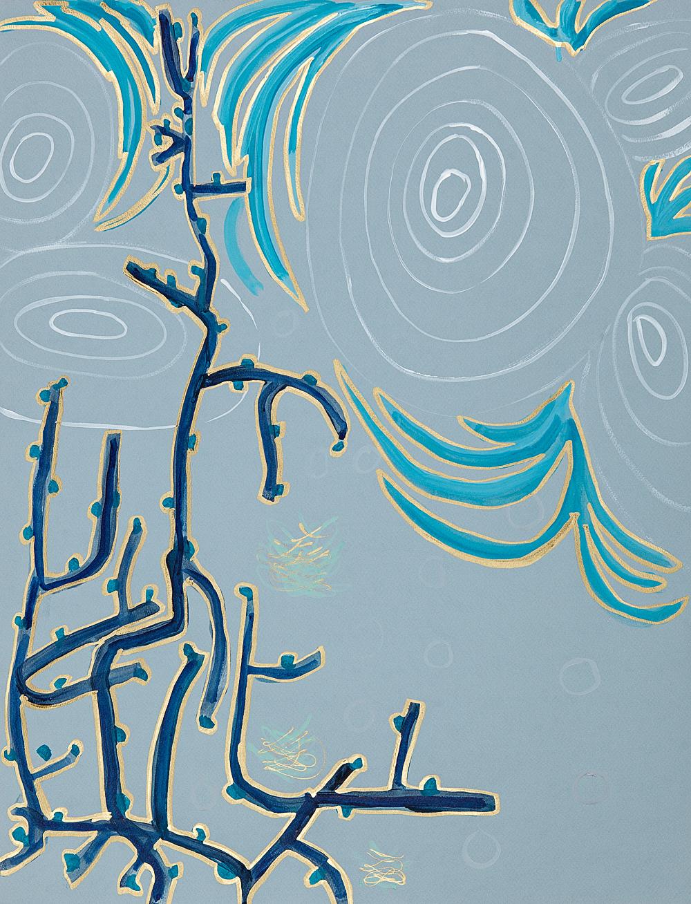 Abstracting Painting Alex K. Mason "Sea Folly Series D" Ink Acrylic Gouache on Blue Paper. Unframed, 25"H x 19.5"W.  Black, Blue, Turquoise, Gold, White, 2013
It is the expression of making marks for canvas or paper, which reveals itself to me in
