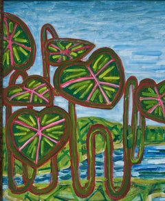 Framed Large "Pink Flamingo" Whimsical Oil on Board, Vivid Pink, Blues & Greens