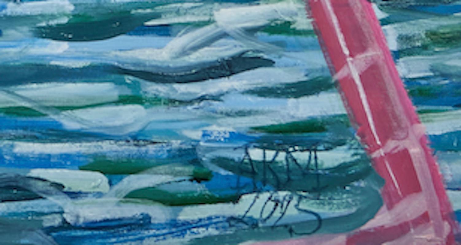  Grand tableau fantaisiste  par  Alex K. Mason représente un flamant rose dans l'eau, entouré d'un feuillage tropical luxuriant.  