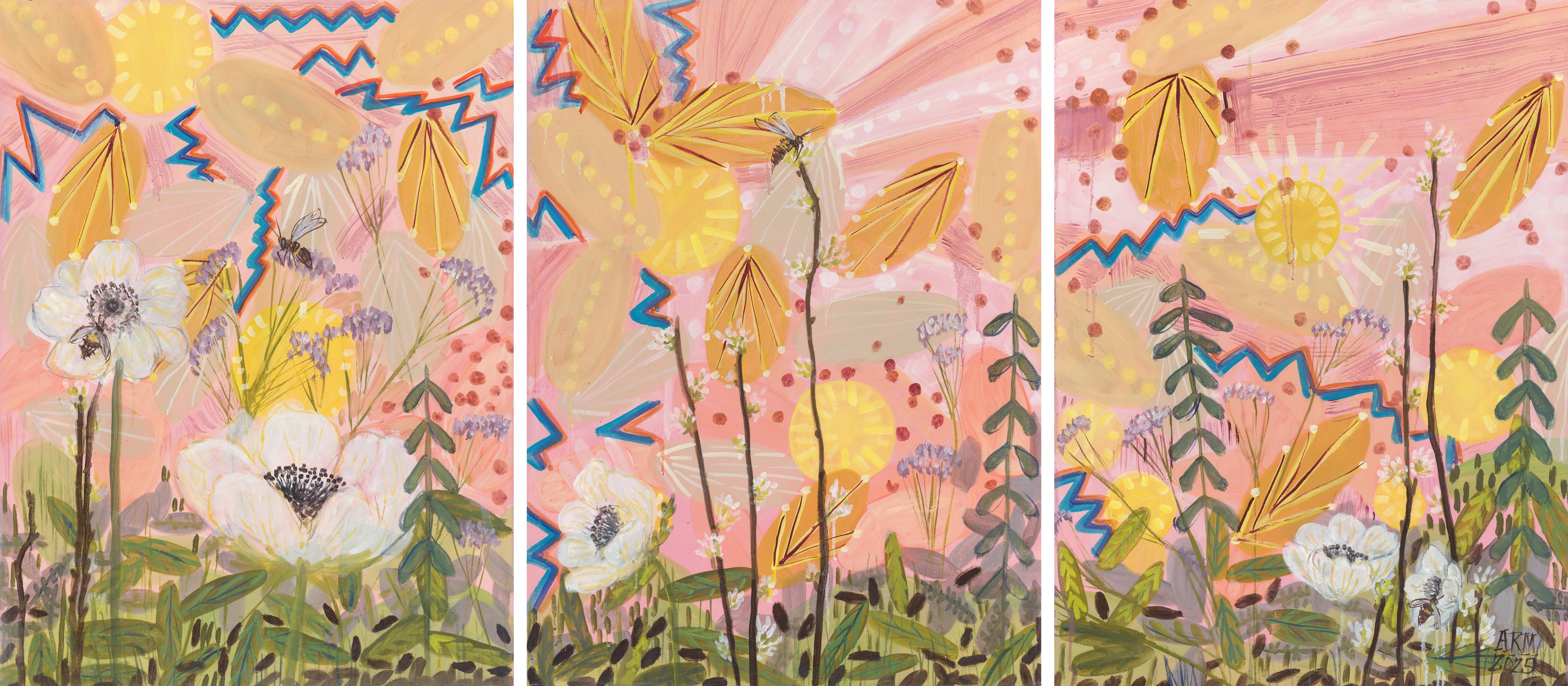 Alex K. Mason Landscape Painting – Joy Bomb Triptychon, farbenfrohe abstrakte Landschaft, Öl auf fertigen Tafeln, fertig zum