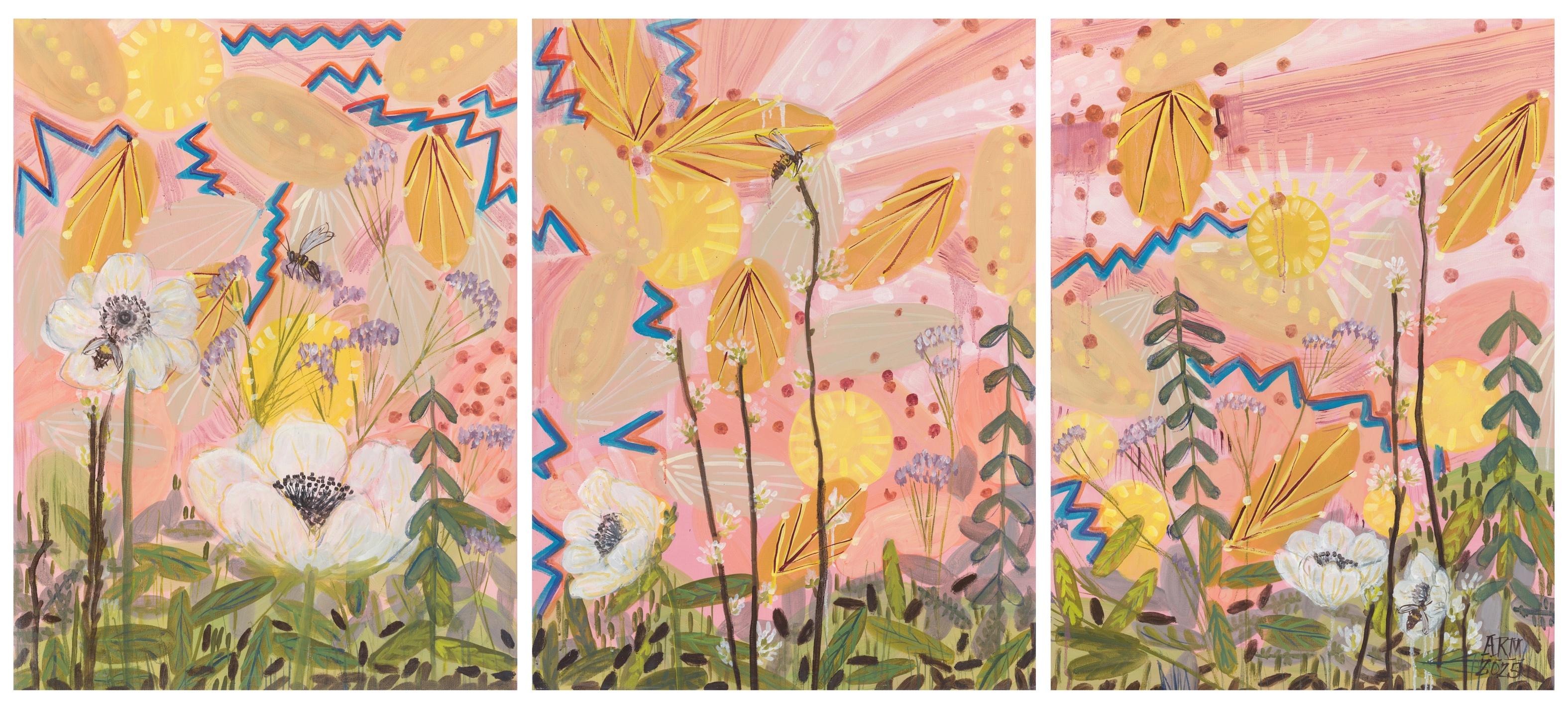 Alex K. Mason Landscape Painting - Joy Bomb Triptych, Colorful Abstract Landscape, Oil on Boards
