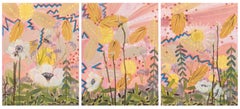 Joy Bomb Triptych, Colorful Abstract Landscape, Oil on Boards