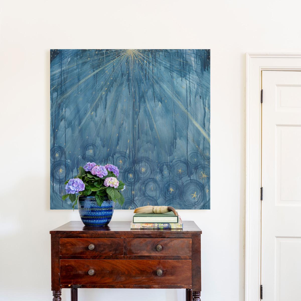 Large Abstract Celestial Painting Mixed Media on Canvas, Blues, Golds, White For Sale 3