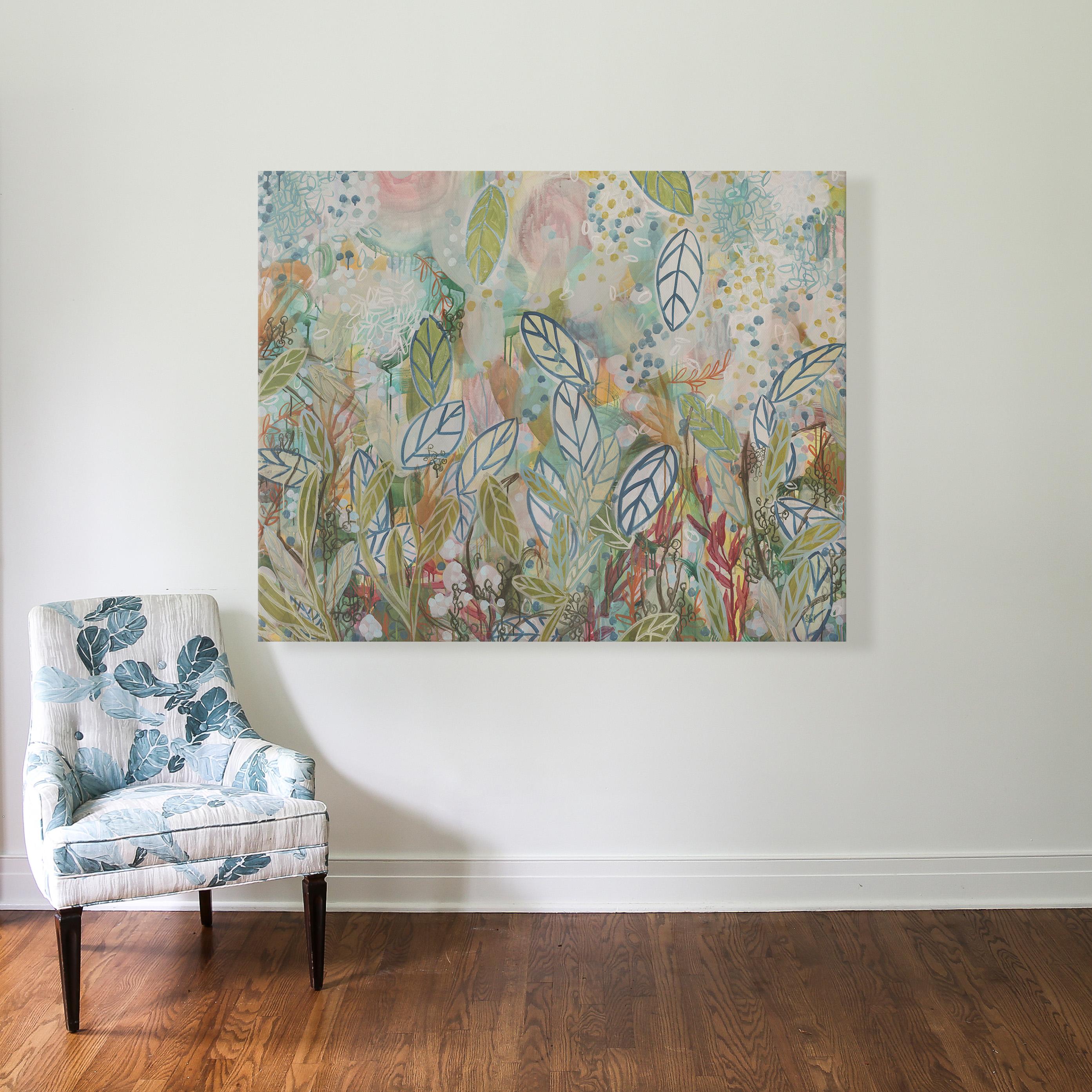 Large Abstract Nature Painting Mixed Media on Canvas. Greens, Blues, Pinks, Red For Sale 2