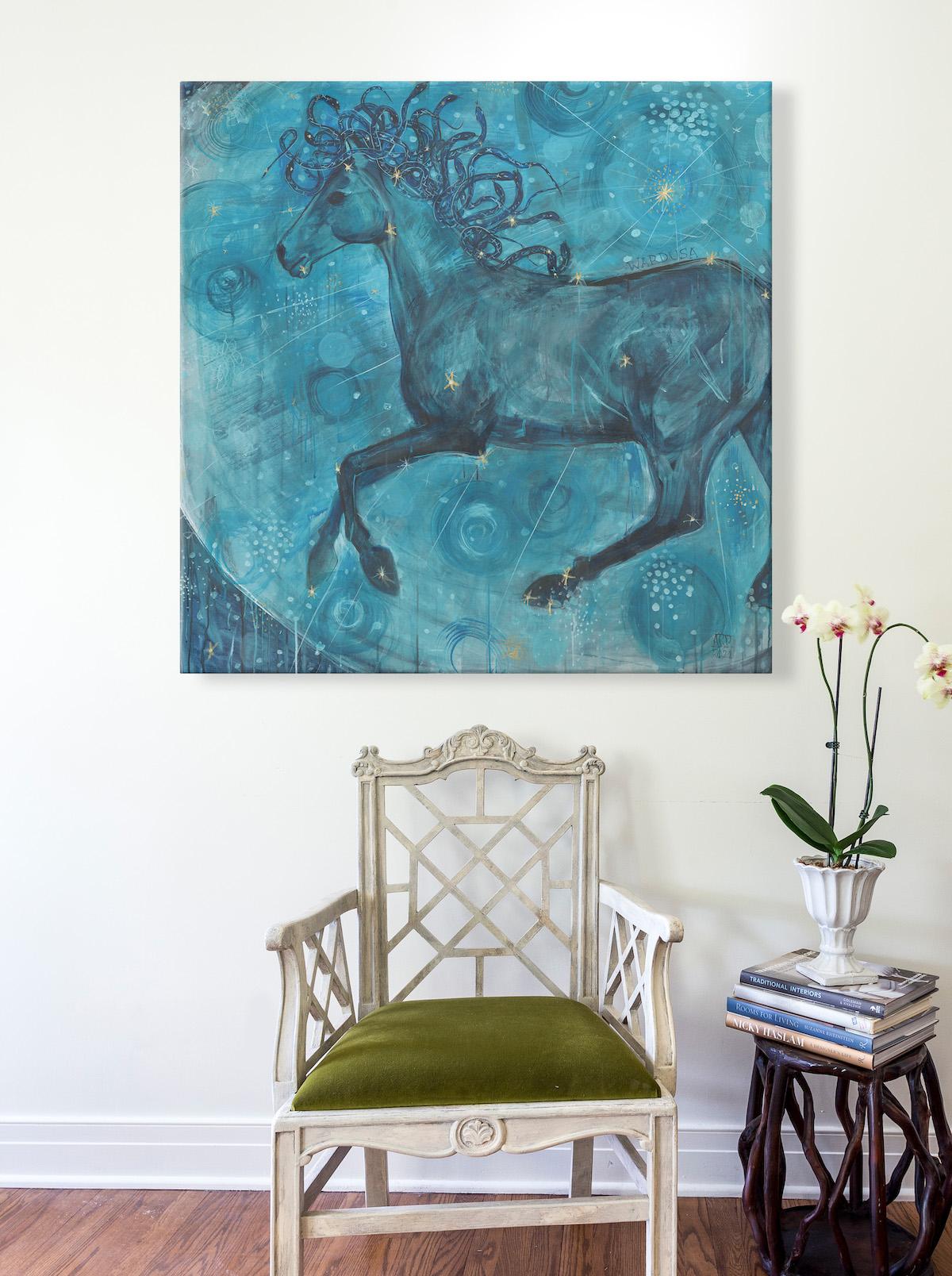 Großes mythisches Pferdegemälde im Celestial-Stil  Acryl Gouache-Tinte auf Leinwand Blau im Angebot 3