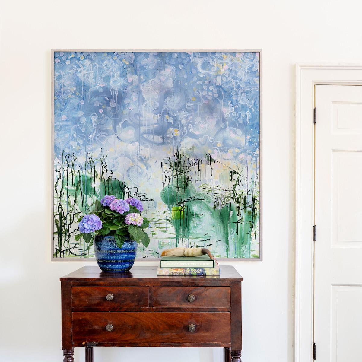 Grande peinture abstraite sur toile encadrée. Verts acryliques, roses bleus en vente 2