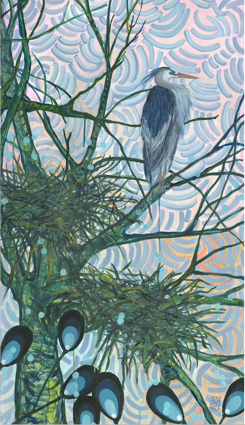  Großes Nature Diptychon Heron Hahn Aquarell & Acryl auf Mylargrün, Blau  – Painting von Alex K. Mason