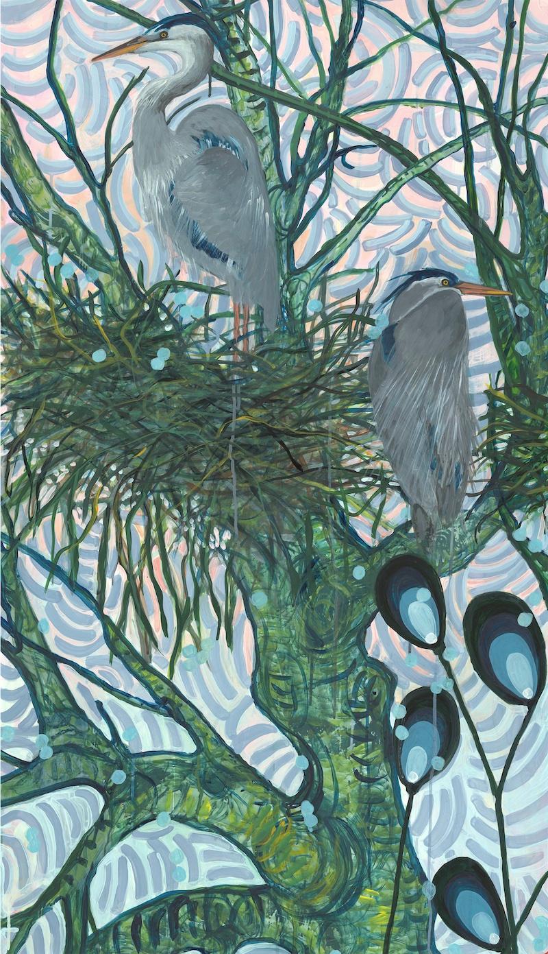  Großes Nature Diptychon Heron Hahn Aquarell & Acryl auf Mylargrün, Blau  (Abstrakter Expressionismus), Painting, von Alex K. Mason
