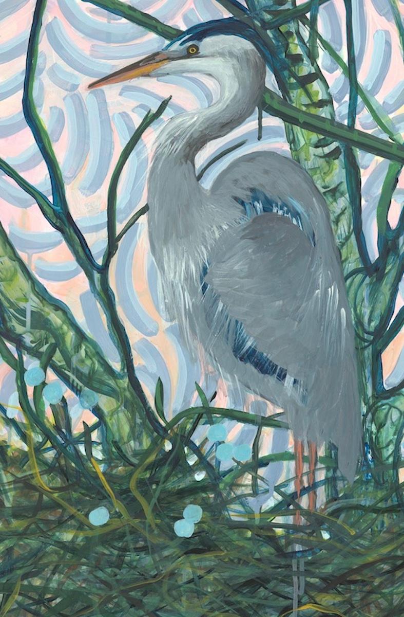  Großes Nature Diptychon Heron Hahn Aquarell & Acryl auf Mylargrün, Blau  im Angebot 1