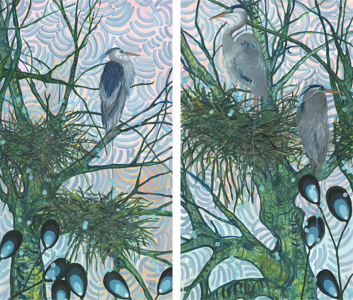 Alex K. Mason Animal Painting –  Großes Nature Diptychon Heron Hahn Aquarell & Acryl auf Mylargrün, Blau 