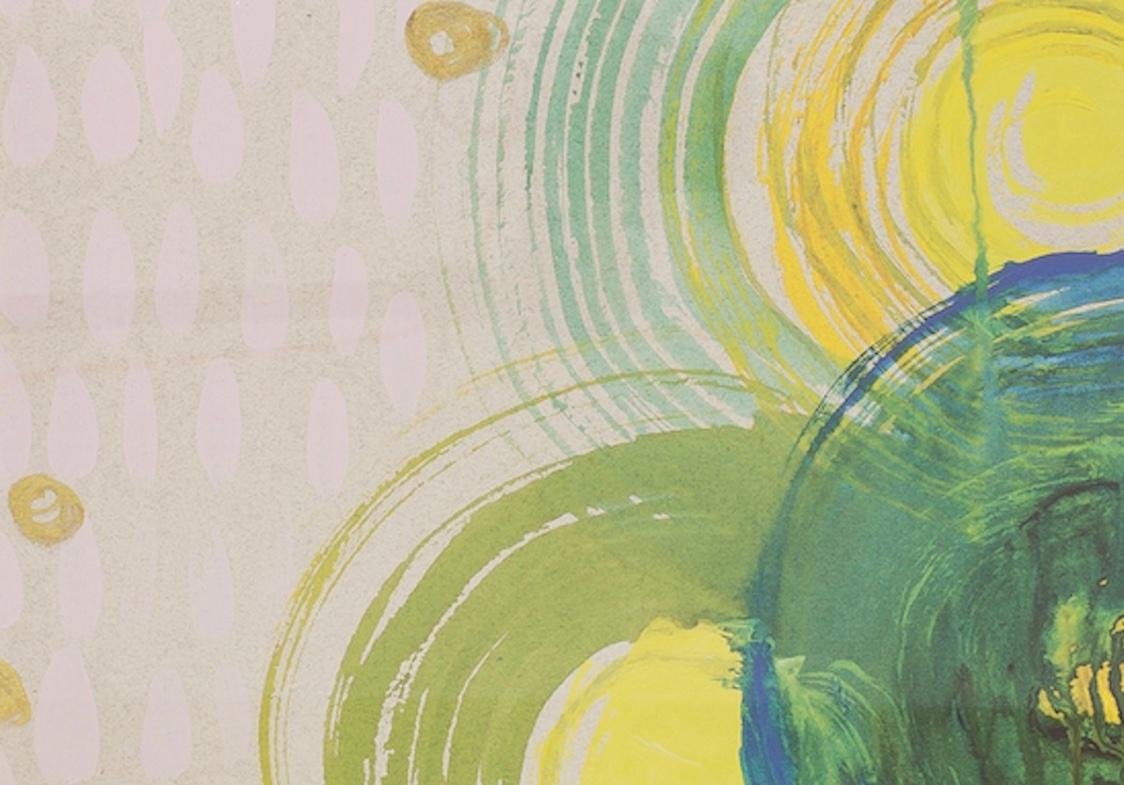 Abstract  Print on Paper Plexiglass Box Frame Pink, Green, Blue & Yellow - Beige Abstract Print by Alex K. Mason