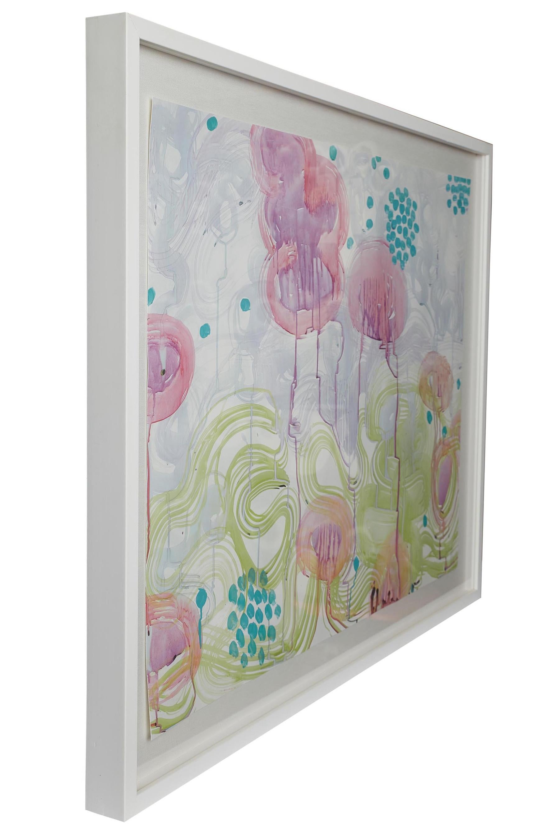 Abstract Print on Paper  White Linen Shadow Box Frame.  Pink & Green, Turquoise For Sale 1