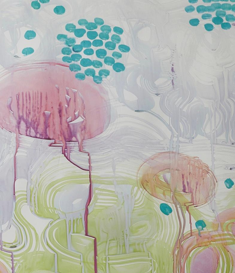 Abstract Print on Paper  White Linen Shadow Box Frame.  Pink & Green, Turquoise For Sale 2