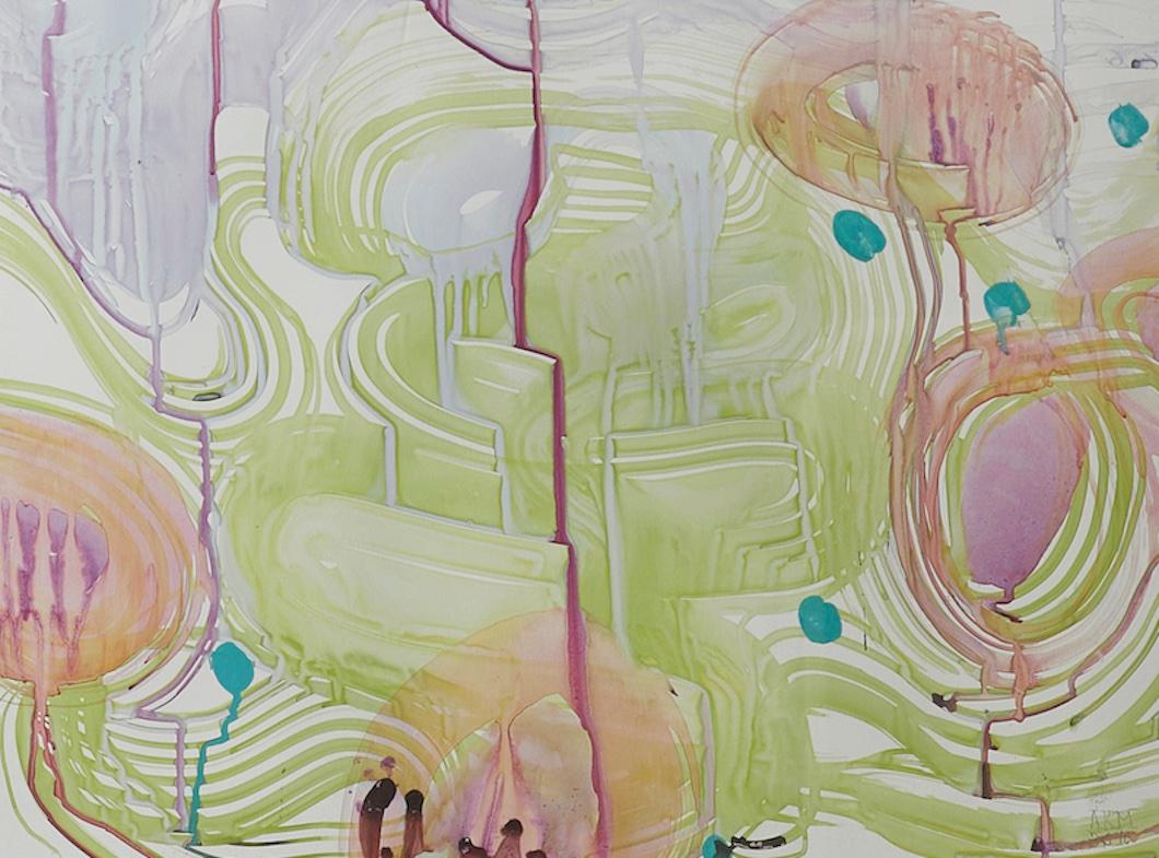 Abstract Print on Paper  White Linen Shadow Box Frame.  Pink & Green, Turquoise For Sale 3