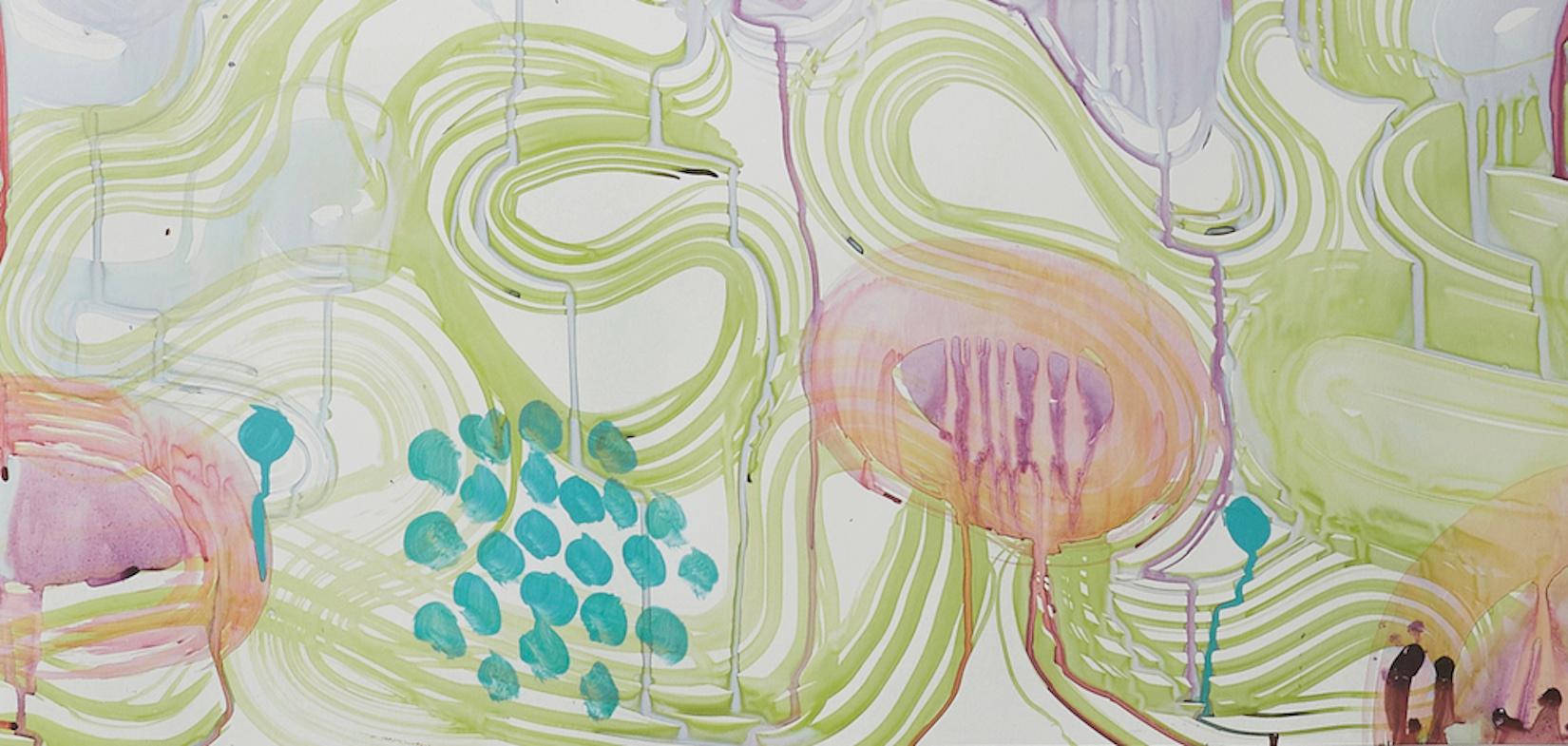 Abstract Print on Paper  White Linen Shadow Box Frame.  Pink & Green, Turquoise For Sale 4
