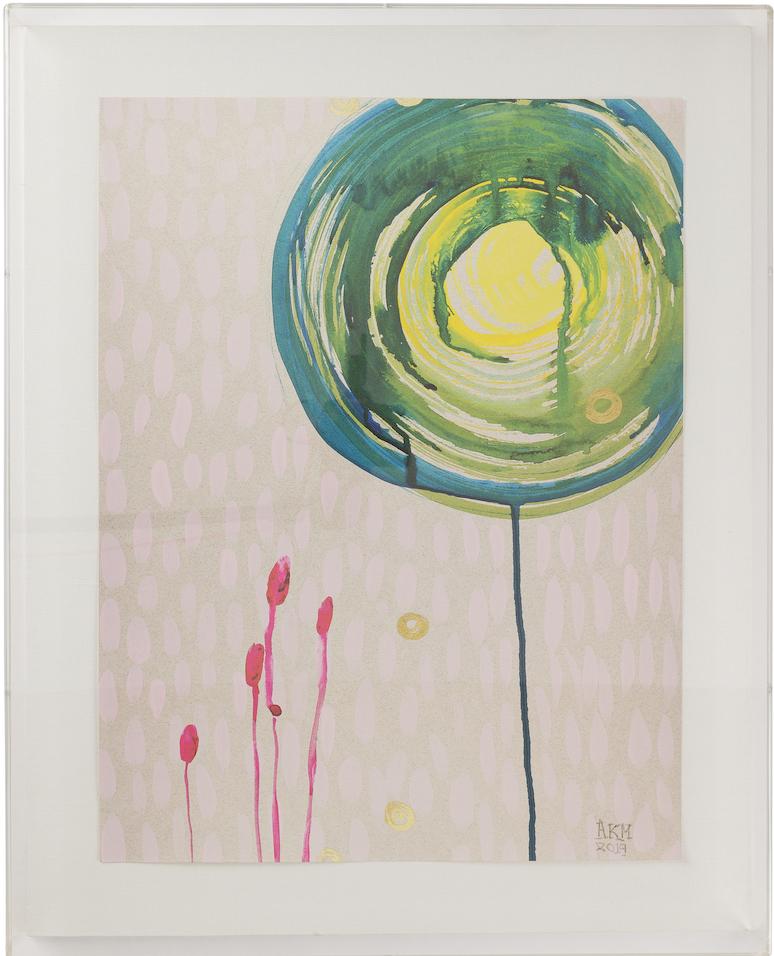 Alex K. Mason Abstract Print - Abstract  Print on Paper in in Plexiglass Box Frame Pink, Green, Blue, Yellow