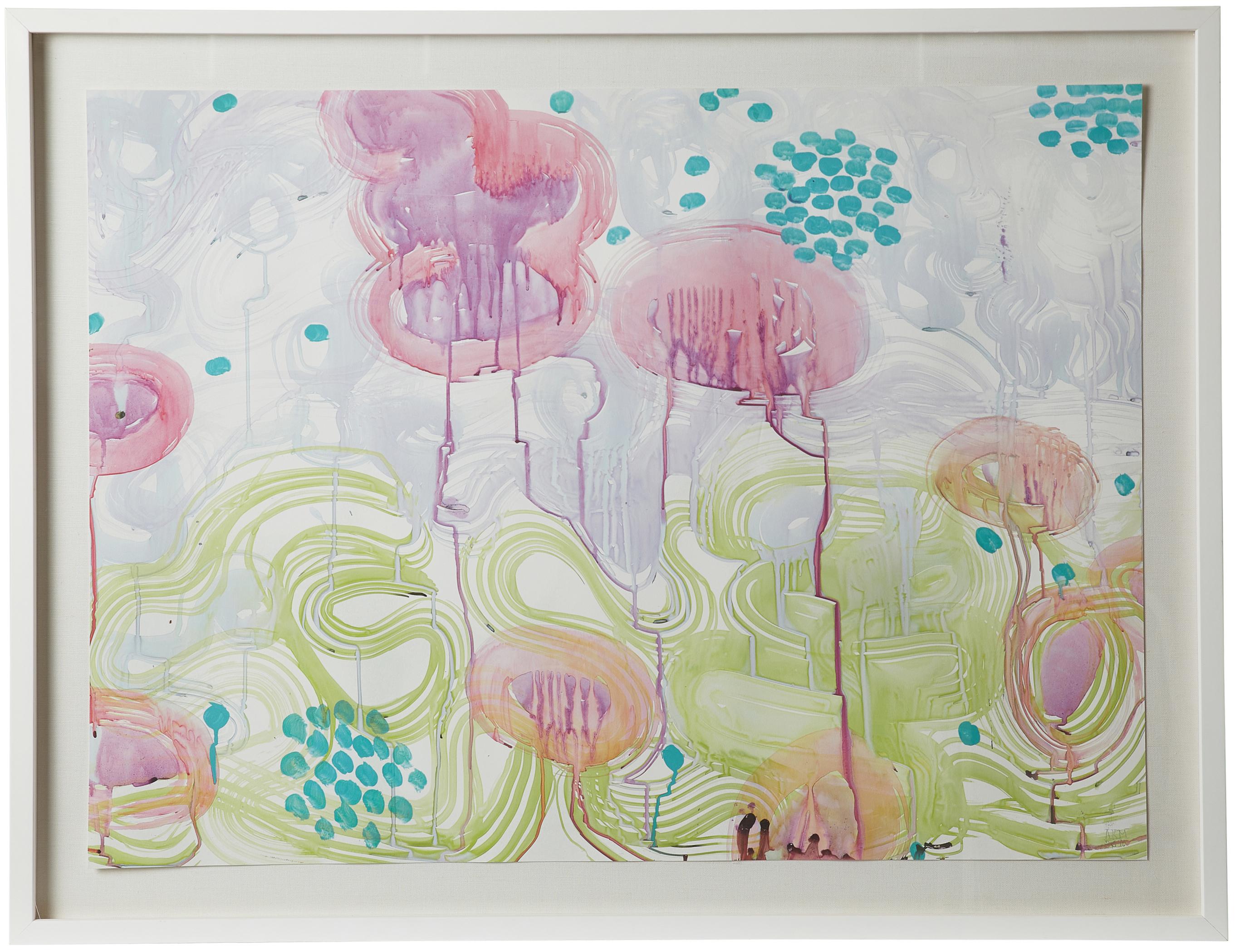 Abstract Print on Paper  White Linen Shadow Box Frame.  Pink & Green, Turquoise