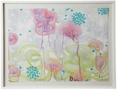 Abstract Print on Paper  White Linen Shadow Box Frame.  Pink & Green, Turquoise