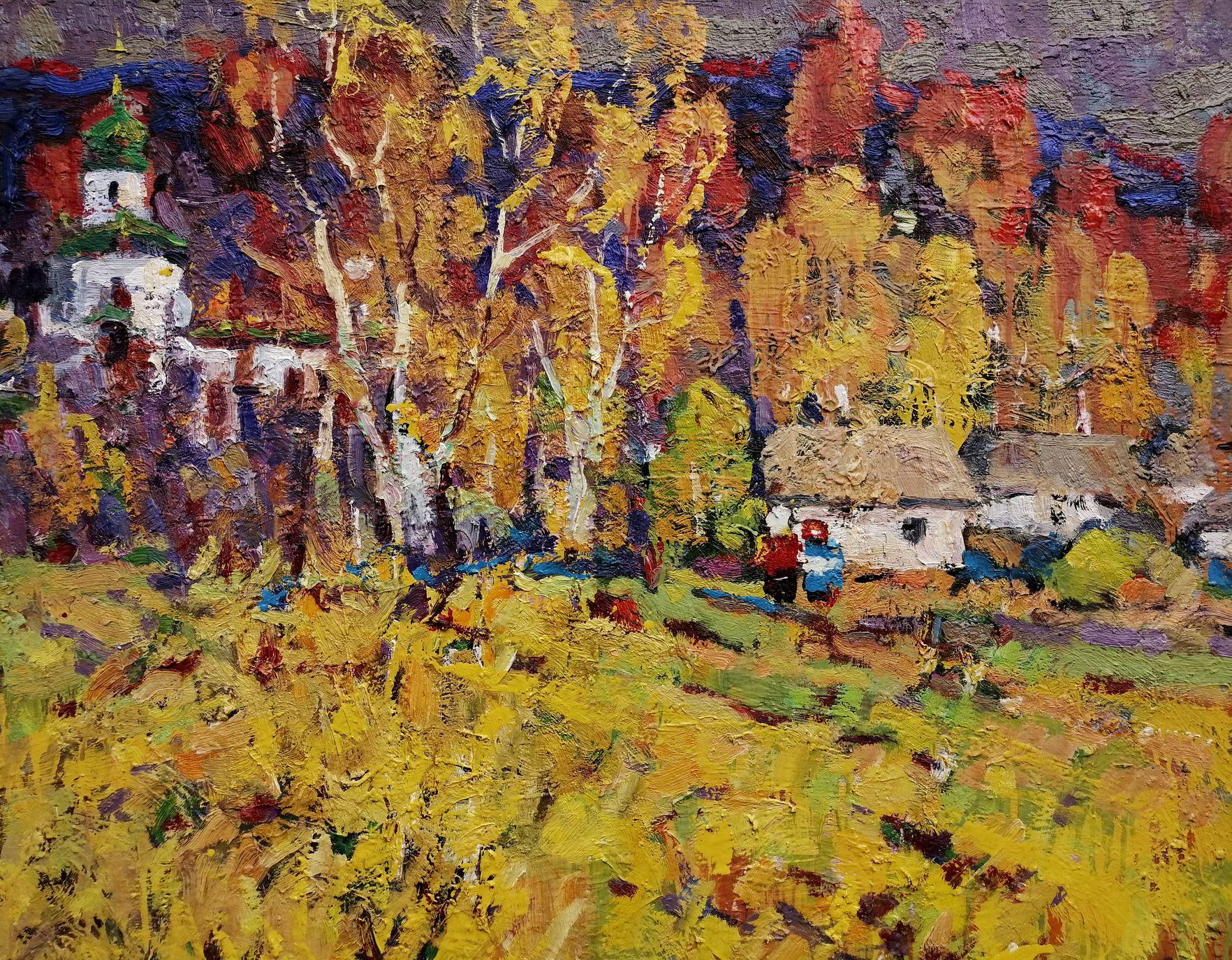 Giornata d'autunno, Paesaggio impressionista, Pittura ad olio originale, pronta da appendere - Painting di Alex Kalenyuk  