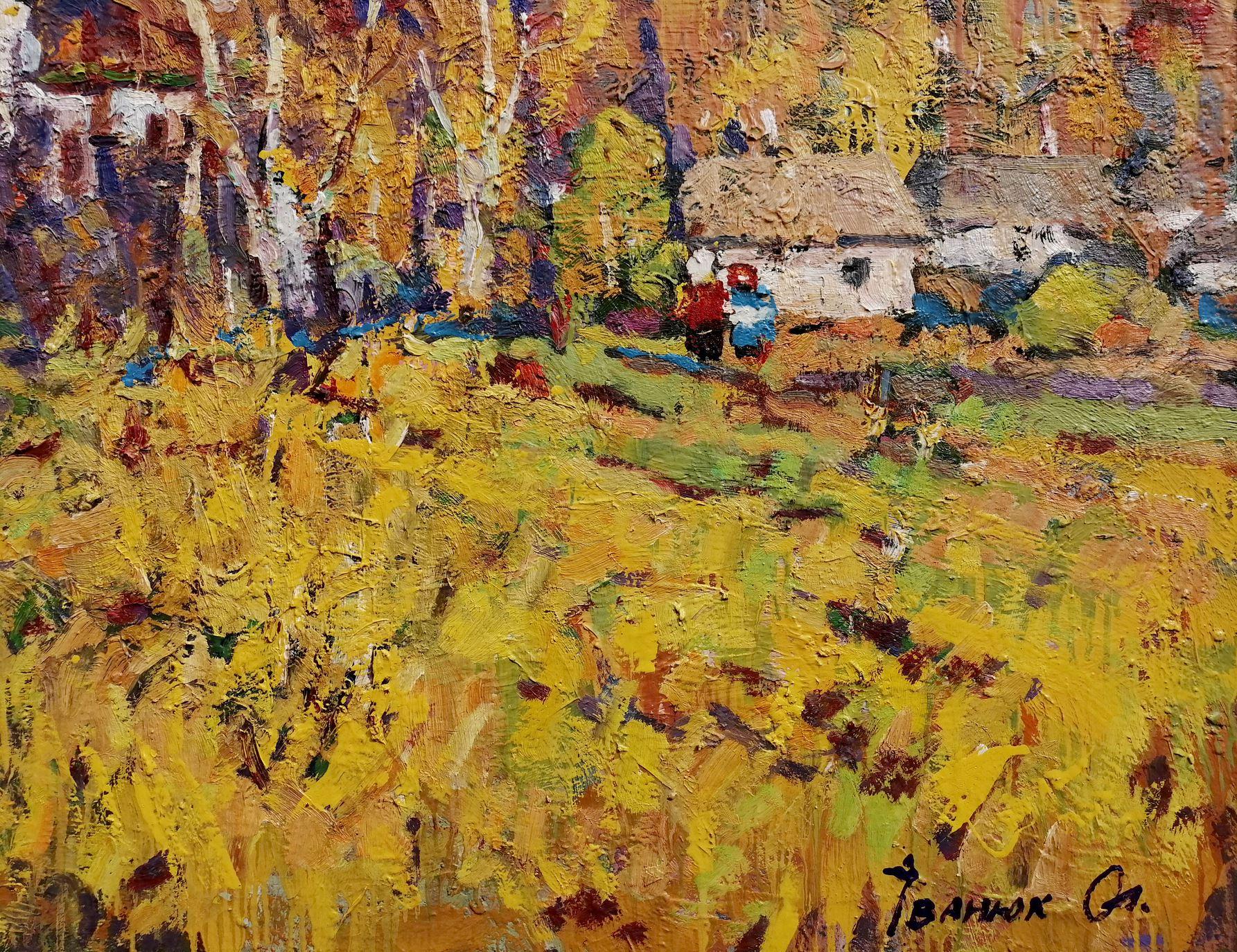 Giornata d'autunno, Paesaggio impressionista, Pittura ad olio originale, pronta da appendere - Landscape Painting Marrone di Alex Kalenyuk  