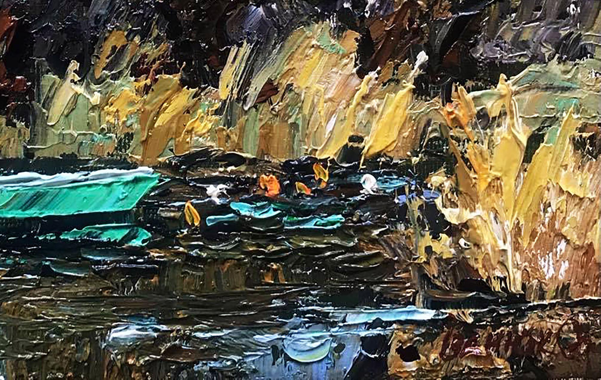 Boatman, peinture à l'huile originale, prête à être accrochée - Noir Landscape Painting par Alex Kalenyuk  