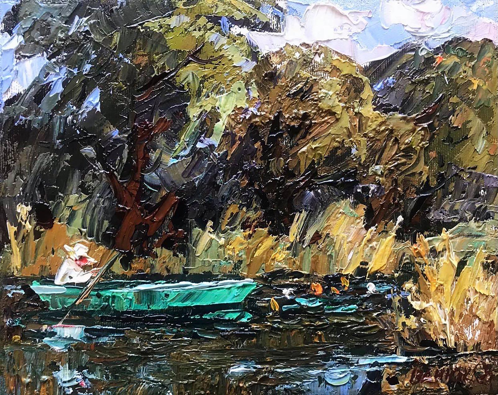 Alex Kalenyuk   Landscape Painting - Boatman, Original oil Painting, Ready to Hang