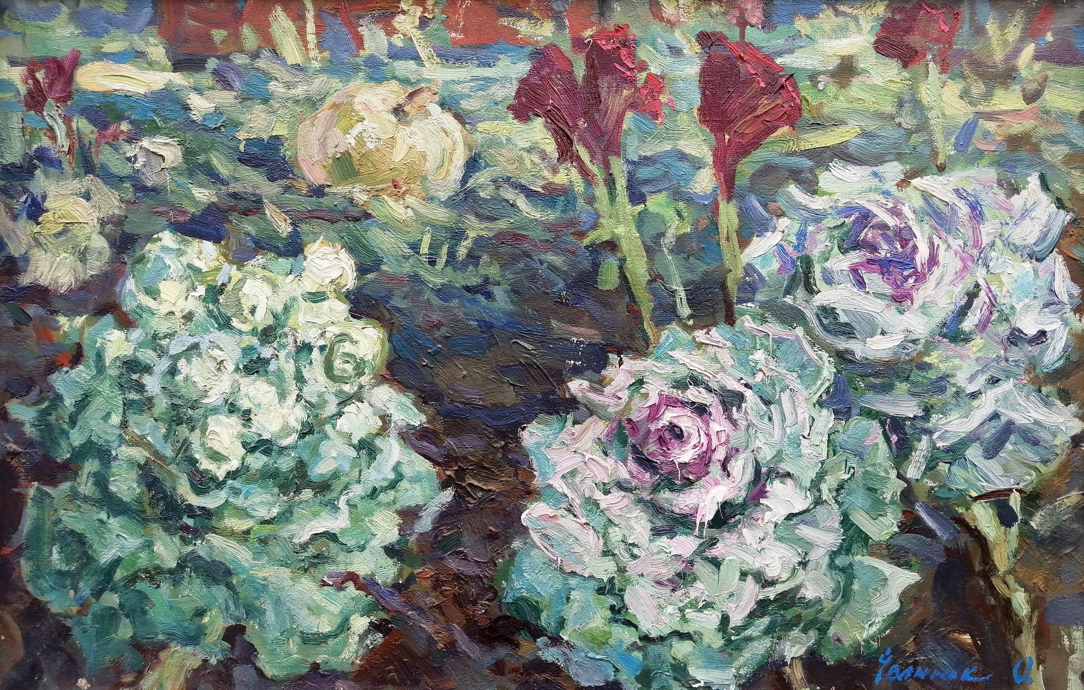 Alex Kalenyuk   Still-Life Painting - Cabbage in the Garden, Original oil Painting, Ready to Hang