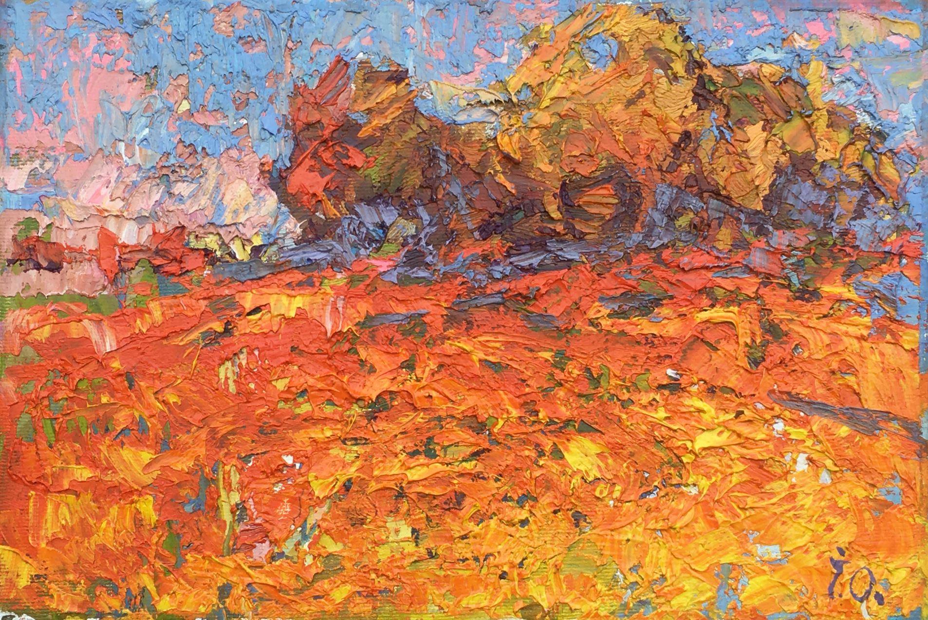 Landscape Painting di Alex Kalenyuk   - Stoppia cremisi, Autunno, Impressionismo, Pittura ad olio originale, pronta per essere appesa