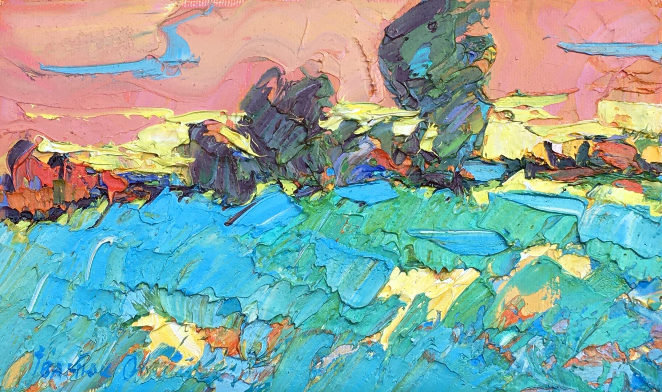 Landscape Painting Alex Kalenyuk   - Dewy Grasses, impressionnisme, couteau à palette, peinture à l'huile originale, prêt à accrocher