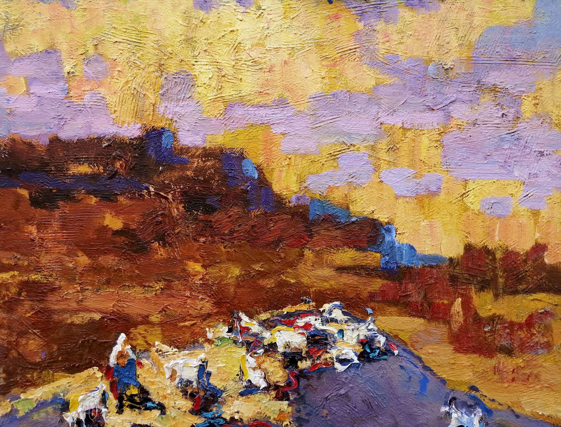 Evening Landscape, Impressionism, Original oil Painting, Ready to Hang For Sale 1