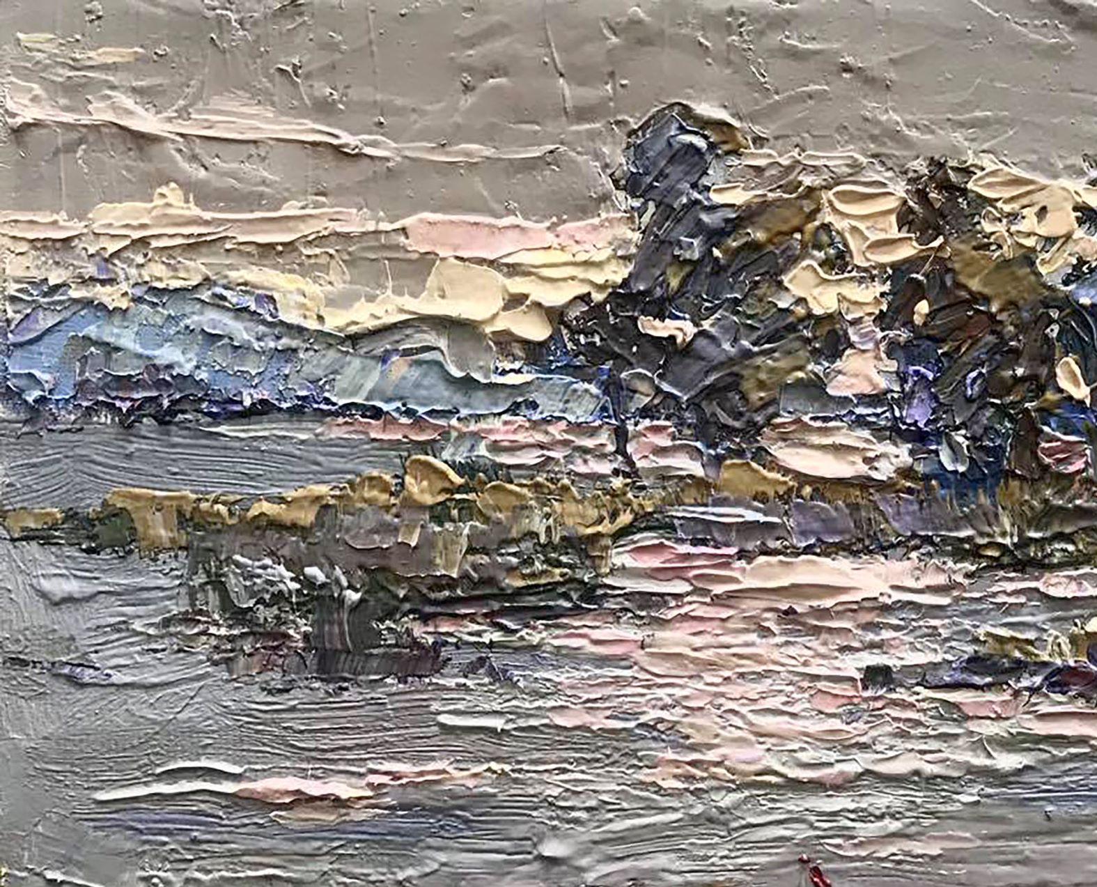 Sera sulla riva, barche Pittura ad olio originale, pronta da appendere in vendita 2