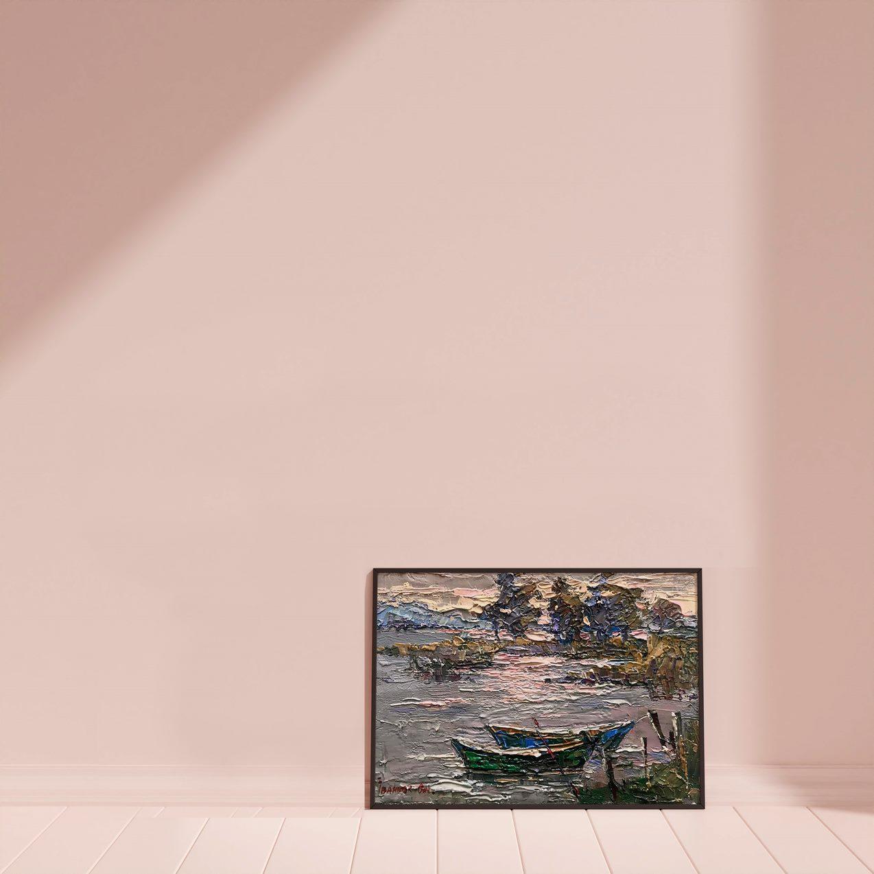 Sera sulla riva, barche Pittura ad olio originale, pronta da appendere - Painting di Alex Kalenyuk  