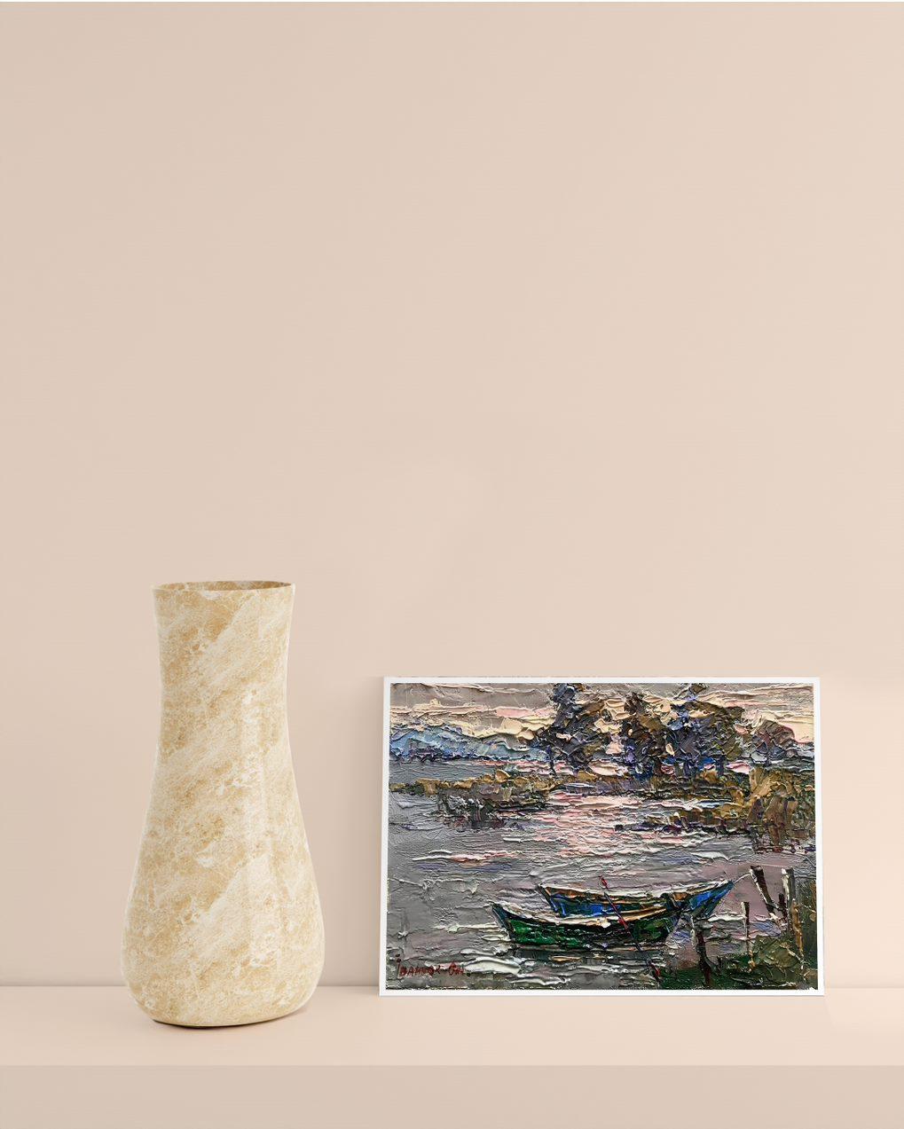 Sera sulla riva, barche Pittura ad olio originale, pronta da appendere - Painting Impressionismo di Alex Kalenyuk  