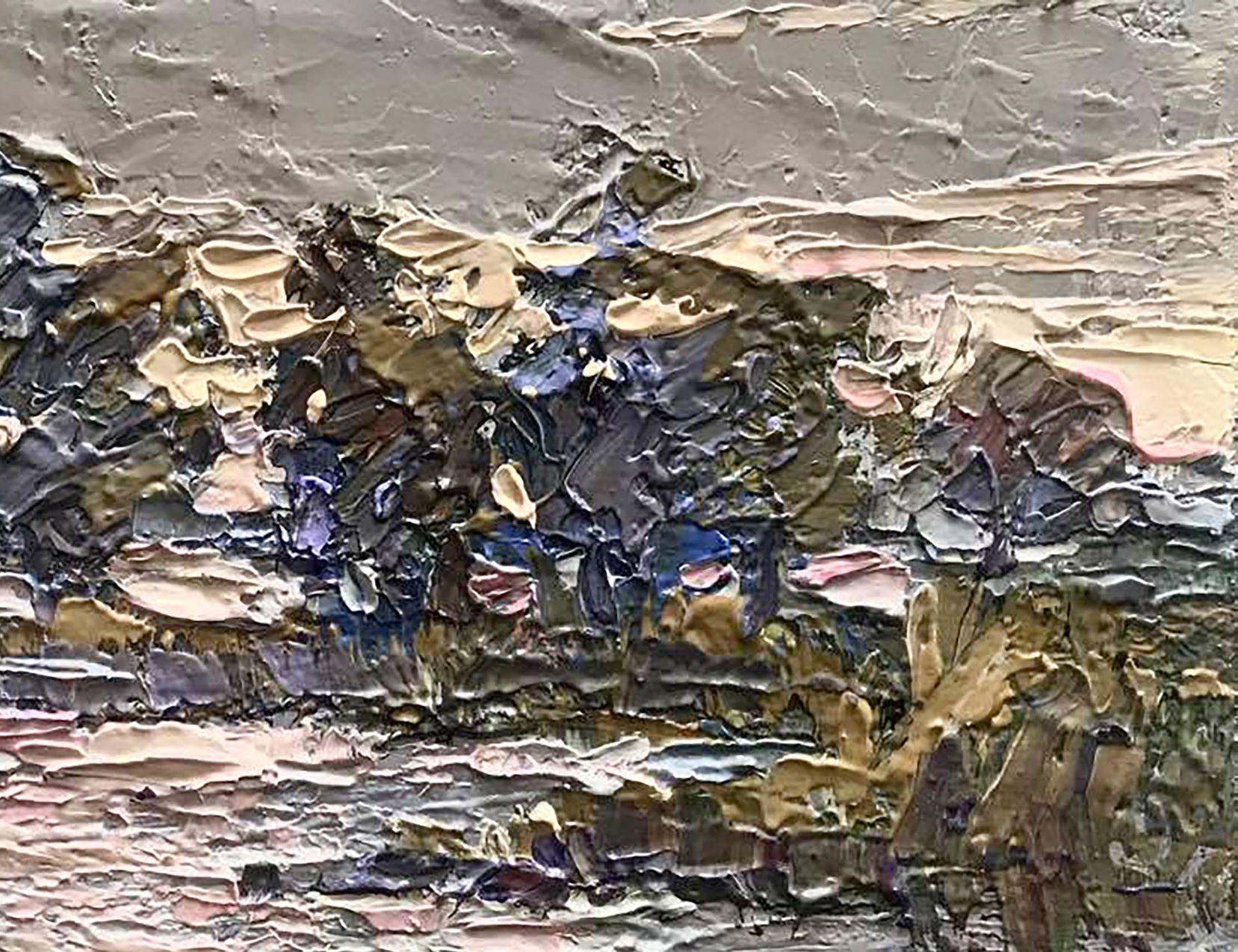 Sera sulla riva, barche Pittura ad olio originale, pronta da appendere in vendita 1