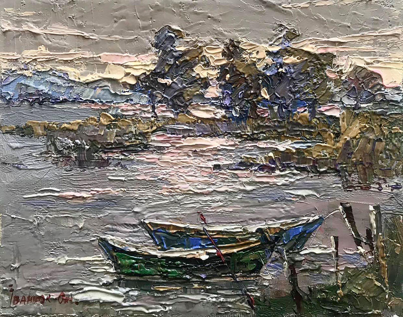 Evening on the Shore, Boats Original oil Painting, Ready to Hang
