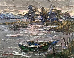 Evening on the Shore, Boats Original oil Painting, Ready to Hang