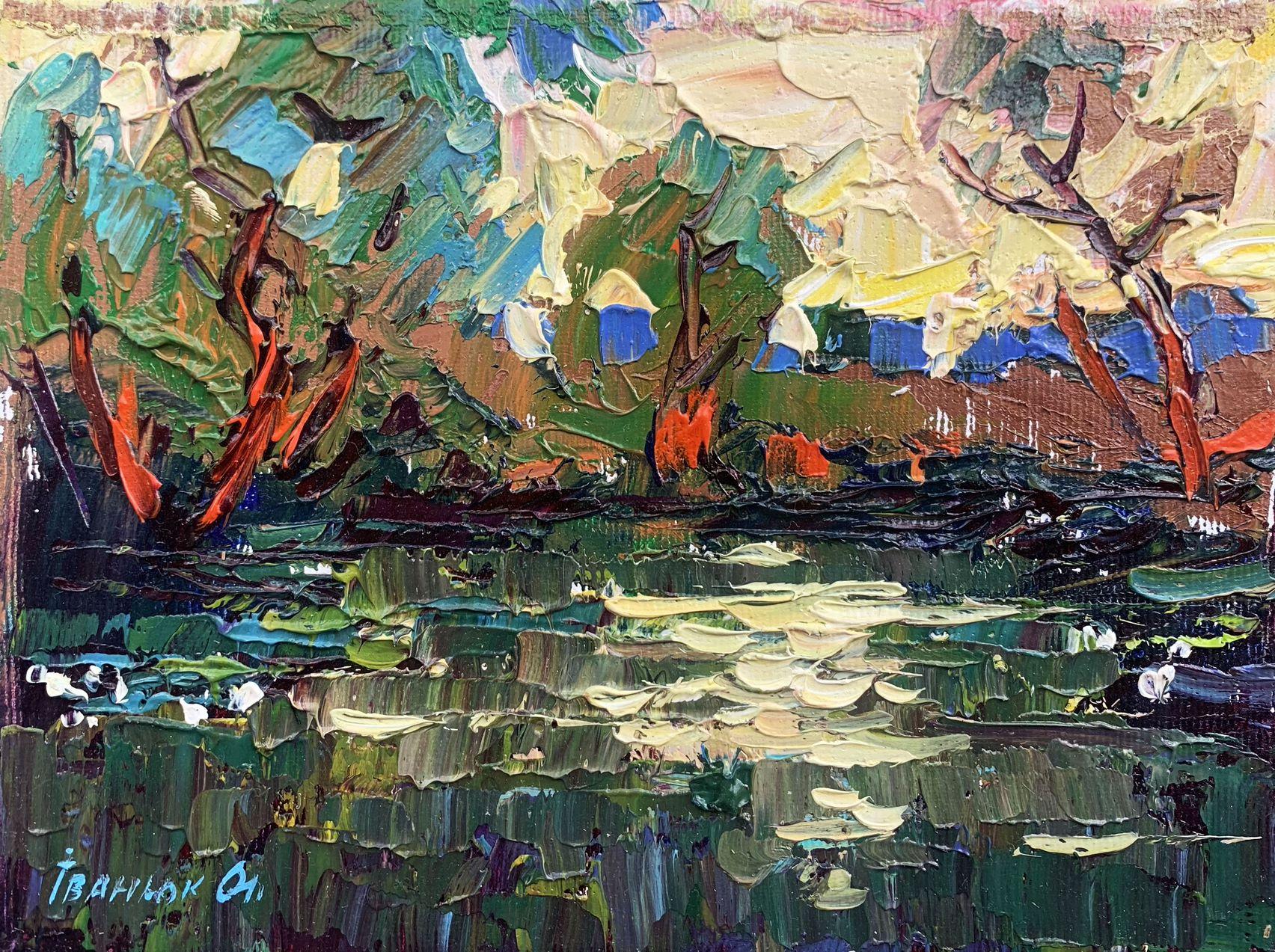 Alex Kalenyuk   Landscape Painting - Evening over the Pond, Original oil Painting, Ready to Hang