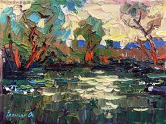 Abend über dem Teich, Original-Ölgemälde, hängefertig