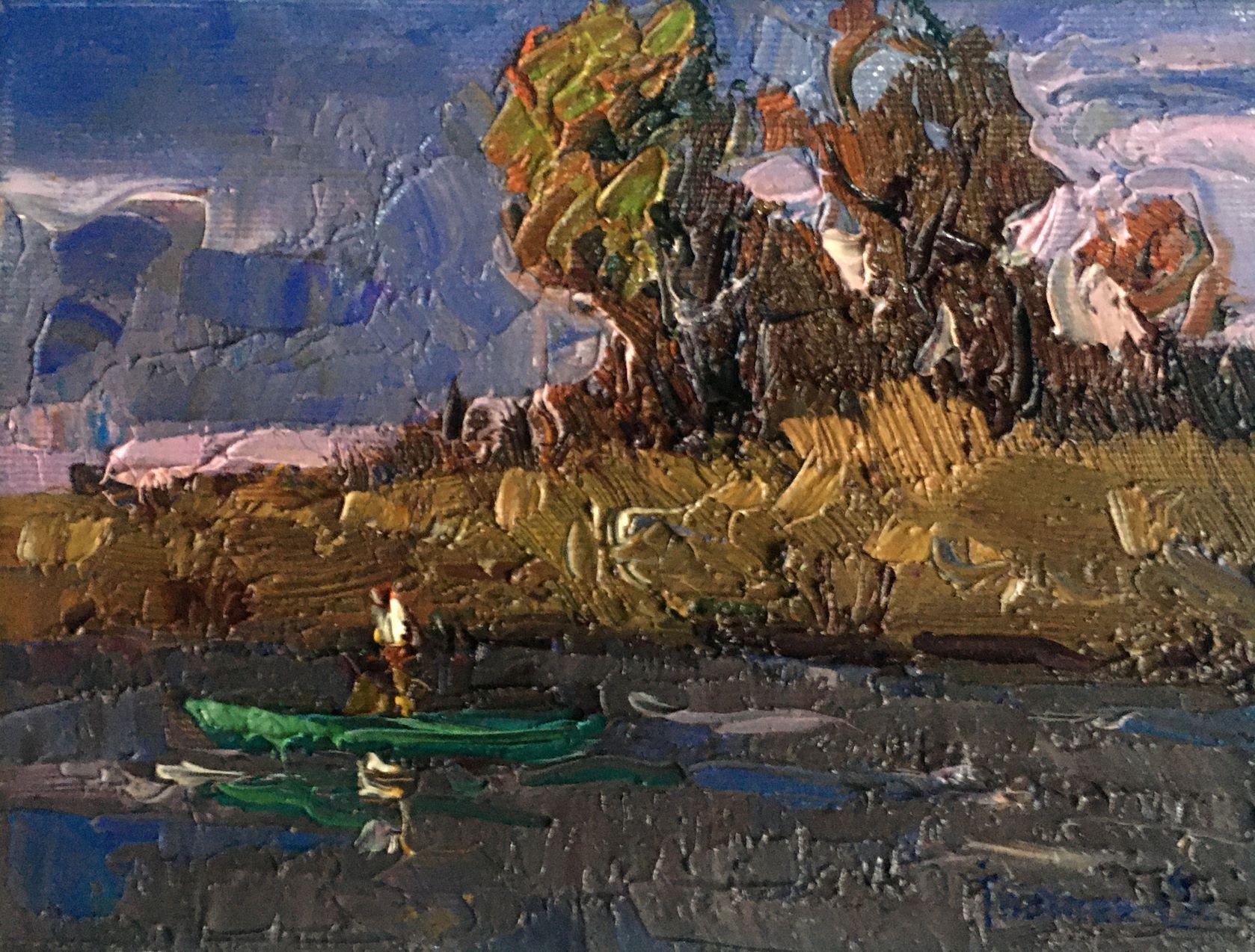 Soirée au-dessus de la rivière, paysage, peinture à l'huile originale, prête à accrocher