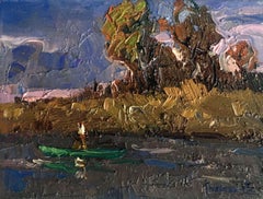 Evening over the river, Landscape, Original oil Painting, Ready to Hang