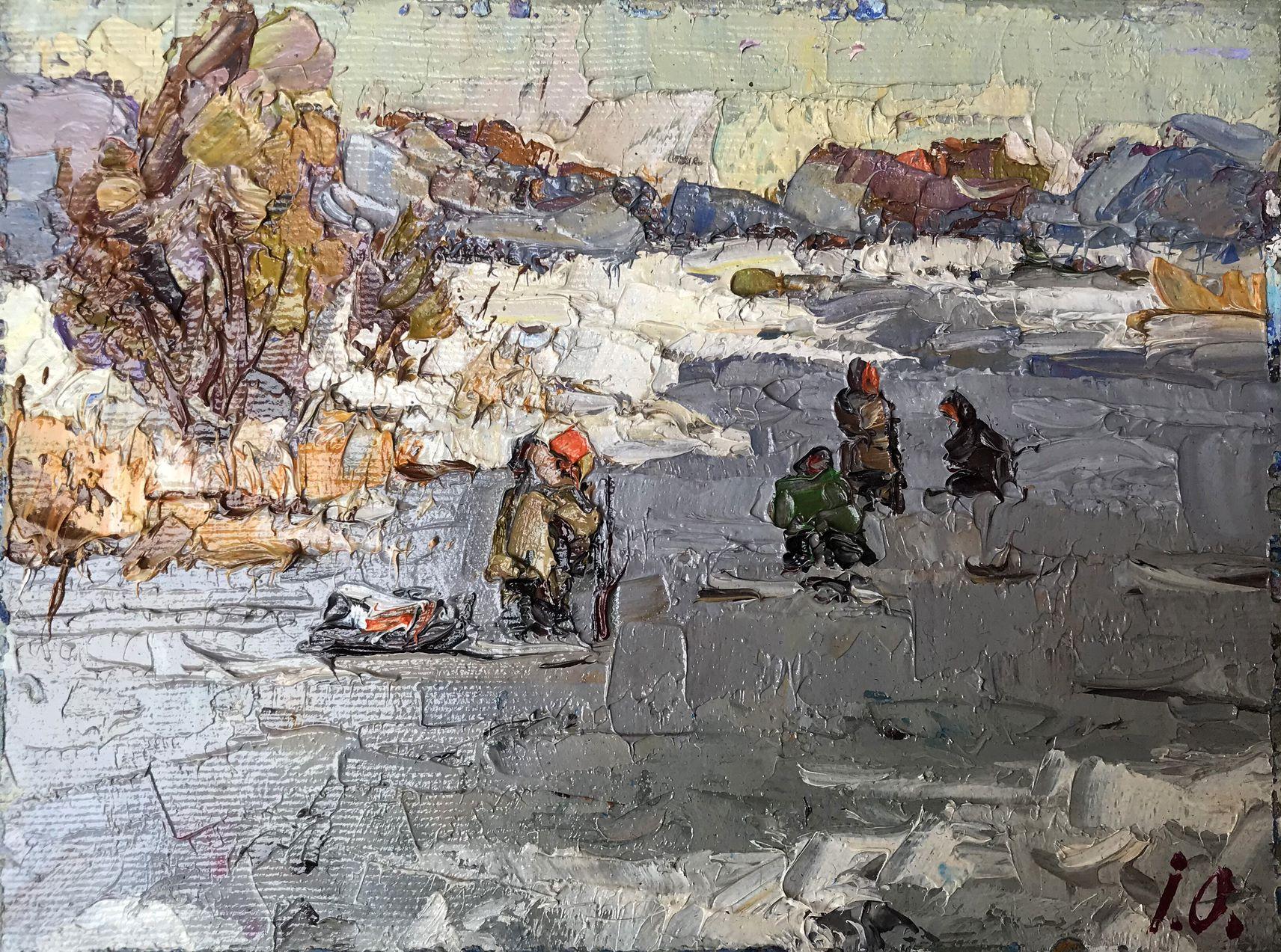 Landscape Painting Alex Kalenyuk   - Première glace, peinture à l'huile impressionniste originale, prête à accrocher