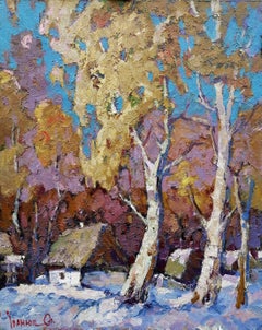 First Snow, Impressionismus, Landschaft, Original-Ölgemälde, hängefertig