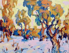 Première neige, paysage, impressionnisme, peinture à l'huile originale, prête à être accrochée