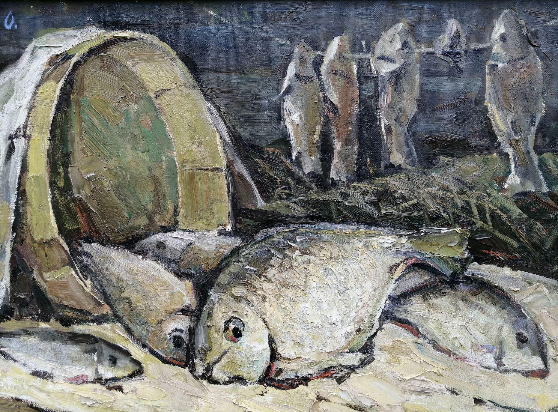 Fisch auf dem Tisch, Stillleben, Küchenkunst, Original-Ölgemälde, hängefertig – Painting von Alex Kalenyuk  