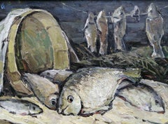 Fish on the Table, Still Life, Kitchen Art, Original oil Painting, Ready to Hang